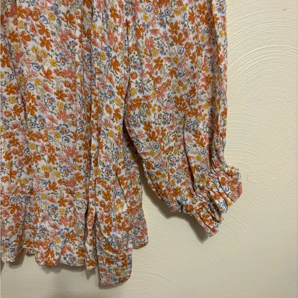 Cynthia Rowley Floral Boho Peasant Blouse Ruffle Neck Tie Front Size XL - Picture 7 of 8